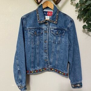 IF YOU DONT KNOW ASK! vintage denim jean jacket colorful flower border Medium